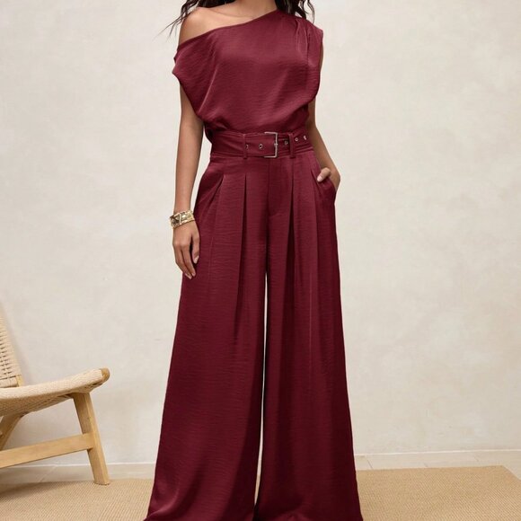 Pants - Burgundy Elegant Women's Pleated High Waist Wide Leg Pants with Belt